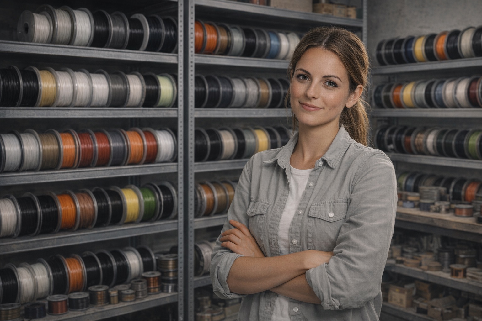 Filamentlager mit interessierter junger Frau im Vordergrund